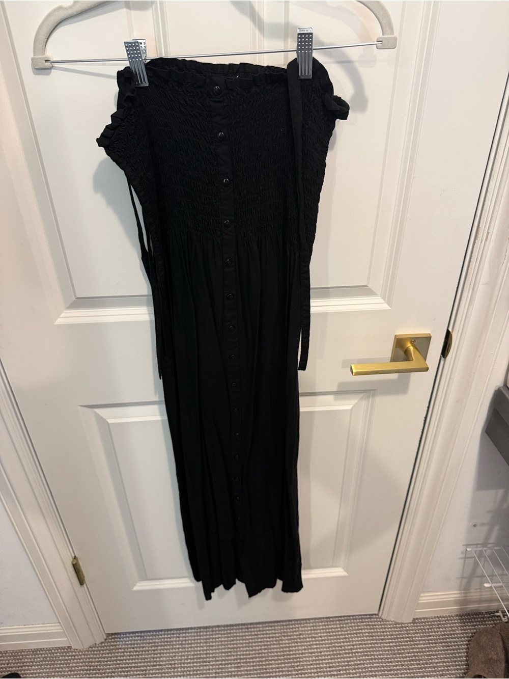 Emerson Fry Black Smocked Midi Dress with Button Front